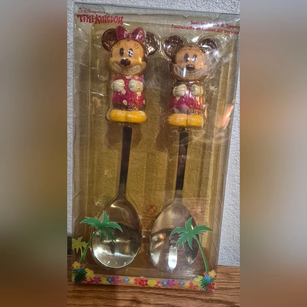 Disney Store Tiki Kingdom Mickey Minnie Mouse Serving Fork & Spoon  New In Box